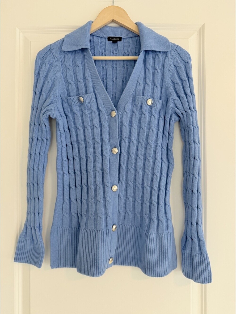Talbots Cable Knit Cardigan Sweater Size M Blue Collared Button-up Preppy